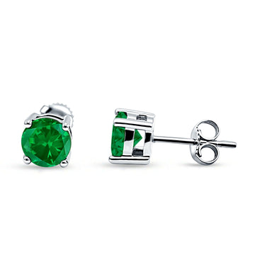 Solitaire Push Back Stud Earring Round Simulated Green Emerald 925 Sterling Silver Wholesale